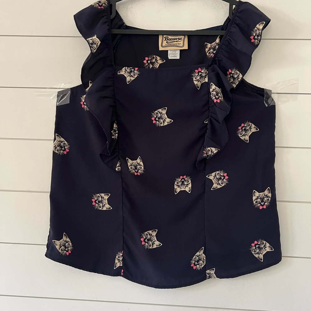 Novelty Cat Print Size M-L Top Ruffle NavyYellowpink Bonanza by Biscuit General